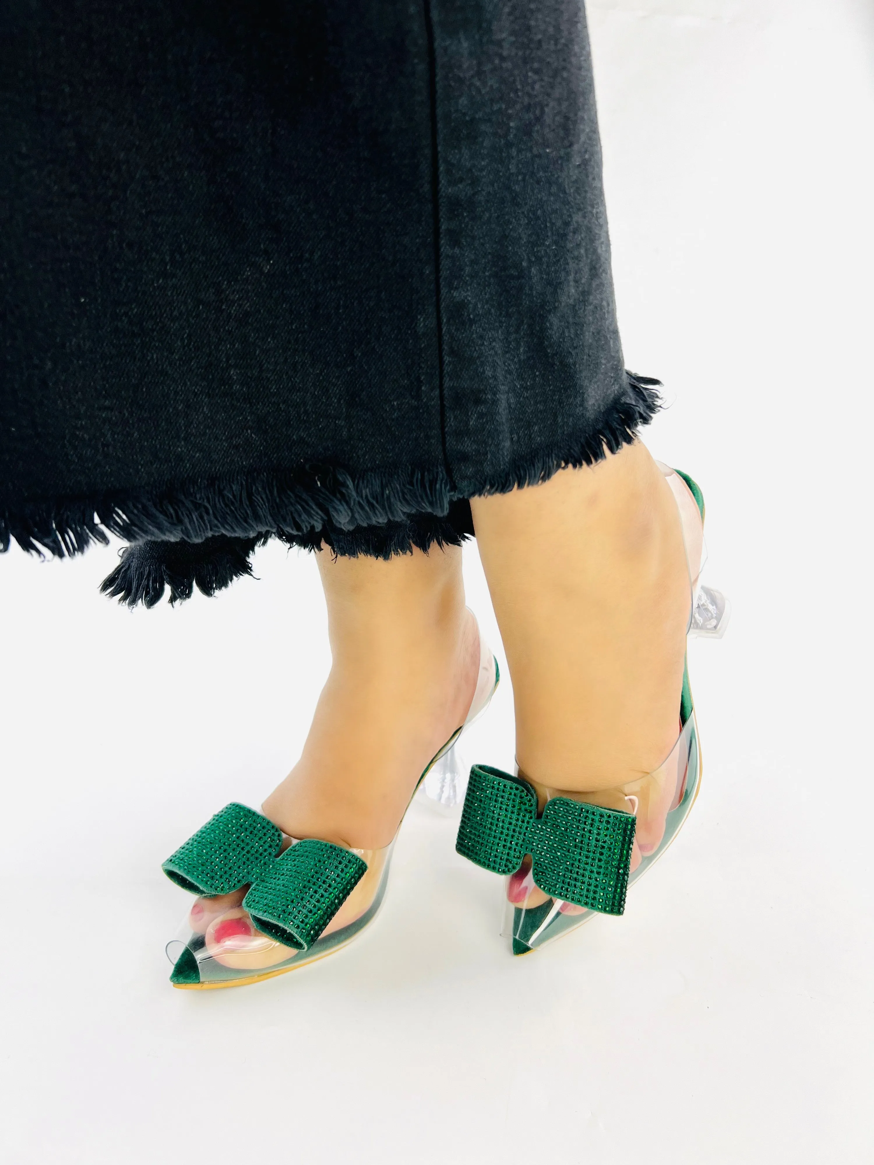 Green Romeo Crystal Bow Transparent Cinderella Heels-11085
