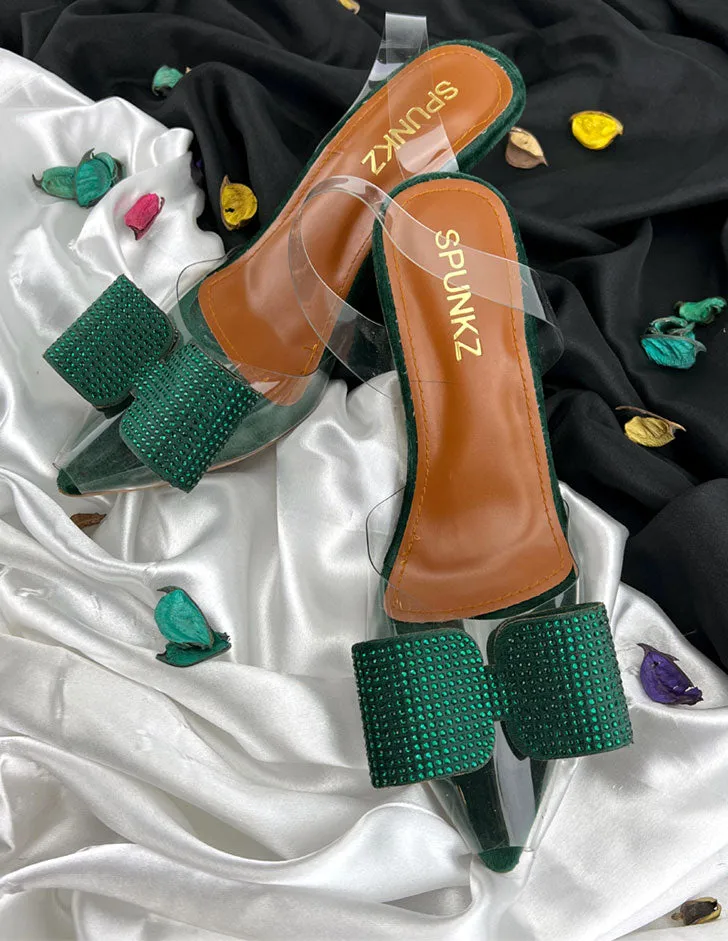 Green Romeo Crystal Bow Transparent Cinderella Heels-11085