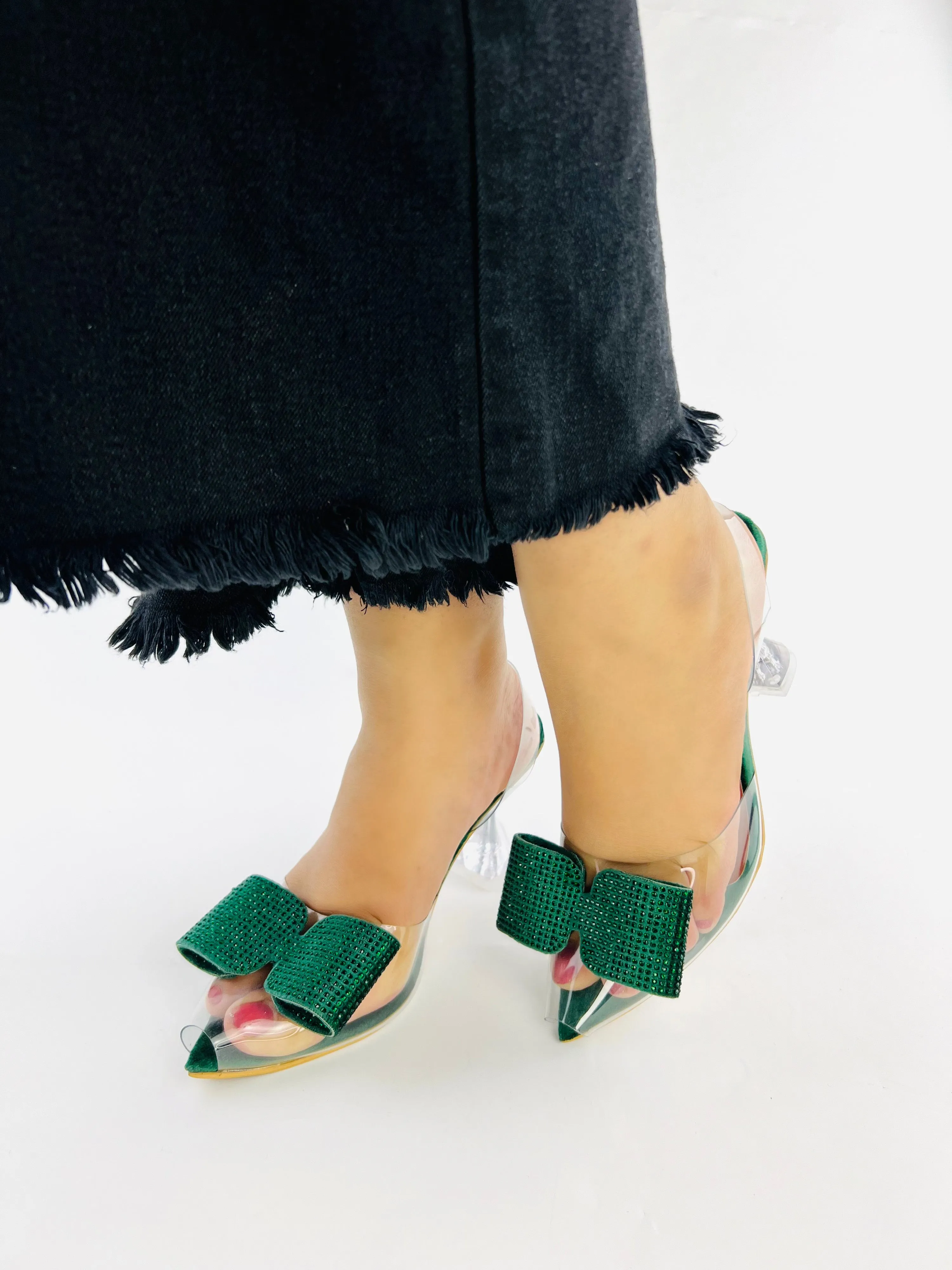 Green Romeo Crystal Bow Transparent Cinderella Heels-11085