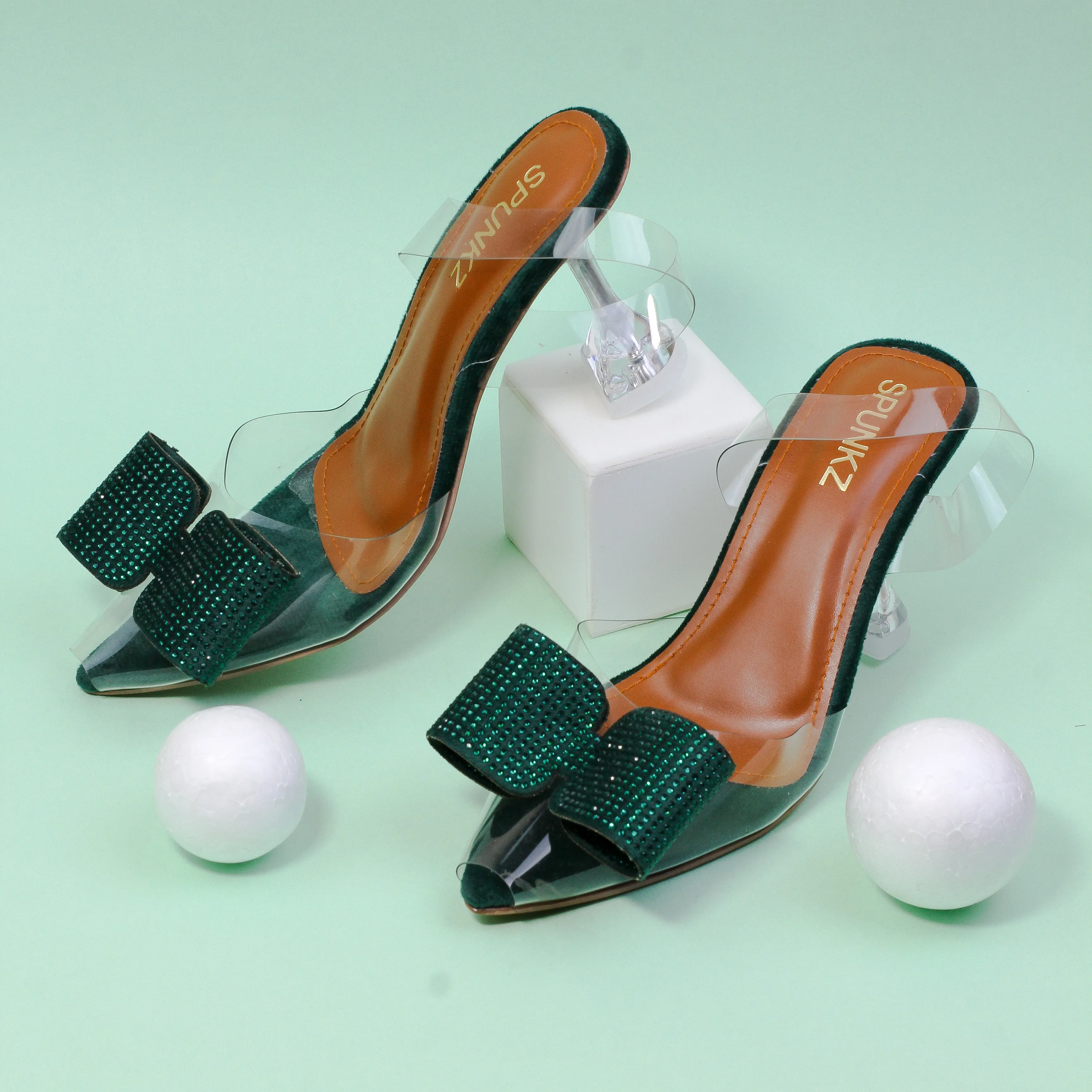 Green Romeo Crystal Bow Transparent Cinderella Heels-11085
