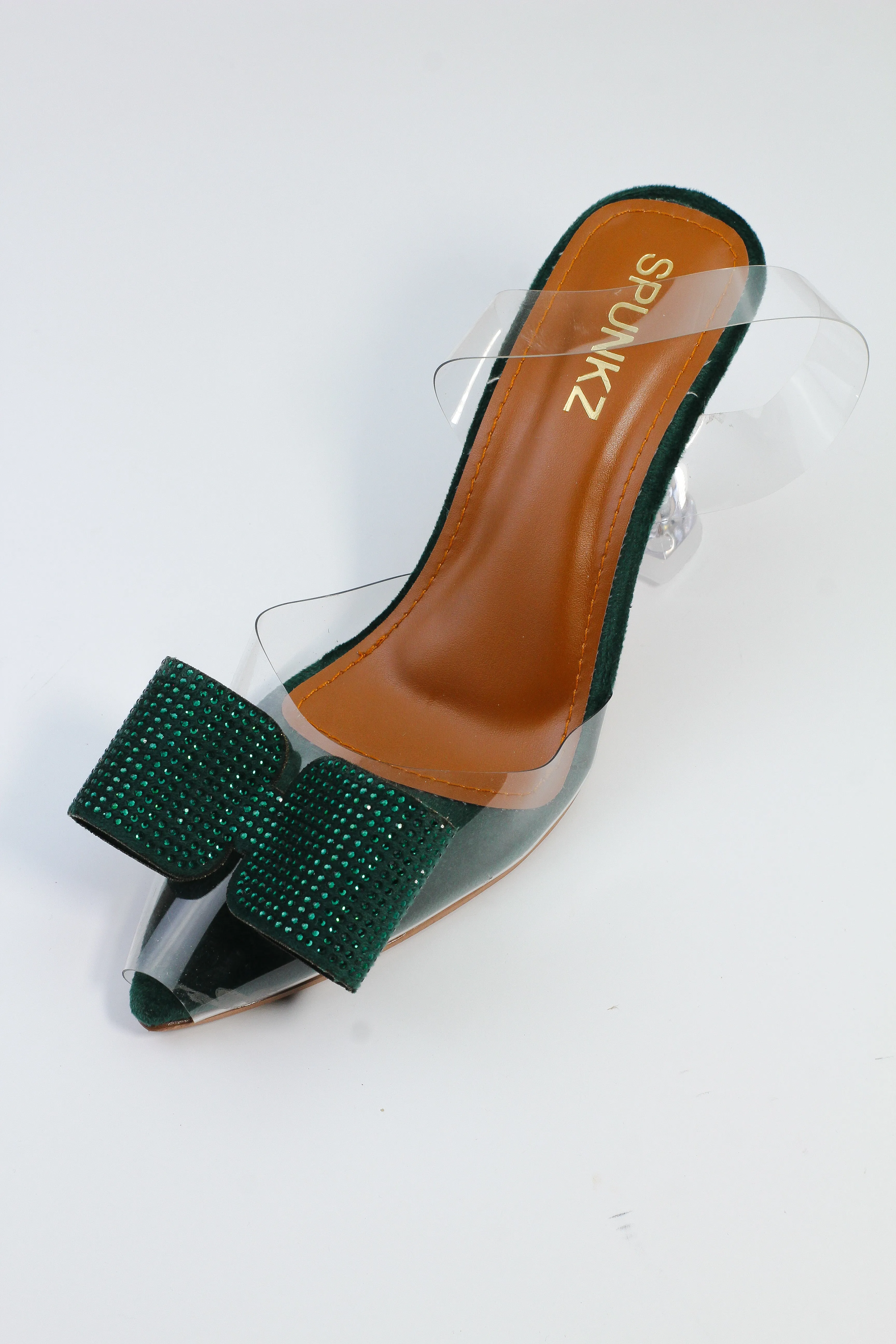 Green Romeo Crystal Bow Transparent Cinderella Heels-11085