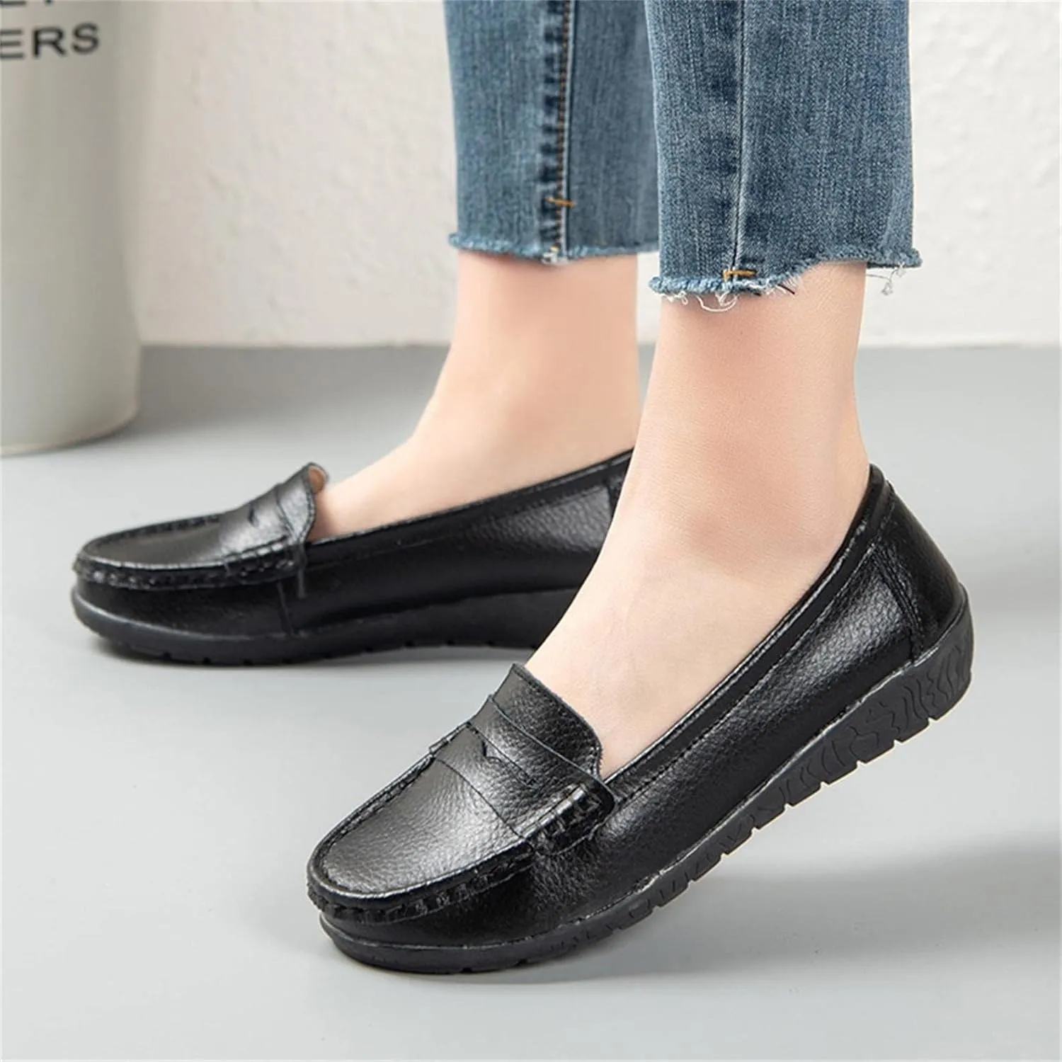 Hbeylia Women's Red Leather Slip On Loafers Fashion Casual Walking Shoes