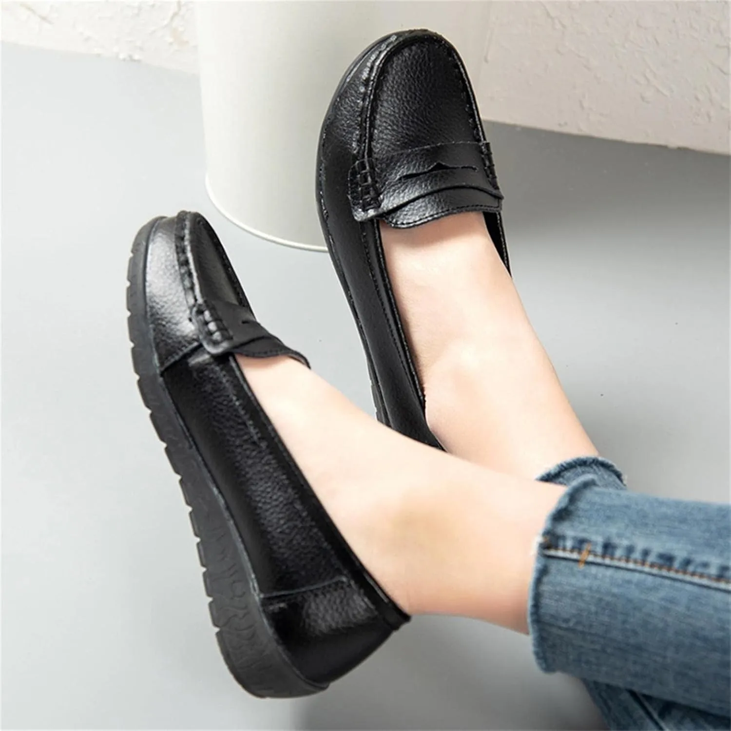 Hbeylia Women's Red Leather Slip On Loafers Fashion Casual Walking Shoes