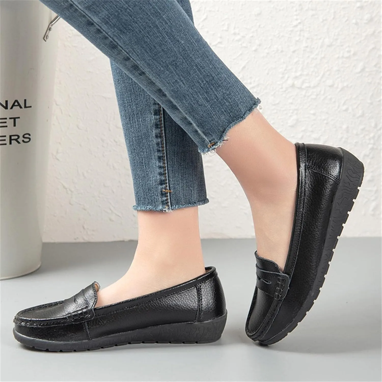 Hbeylia Women's Red Leather Slip On Loafers Fashion Casual Walking Shoes