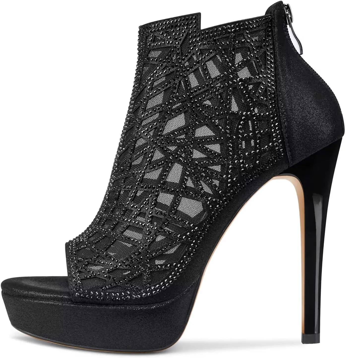 HDEUOLM Women Crystal Stiletto Platform Sandals Peep-Toe High Heels Roman Sandals With Zipper 5.1 Inch Heel