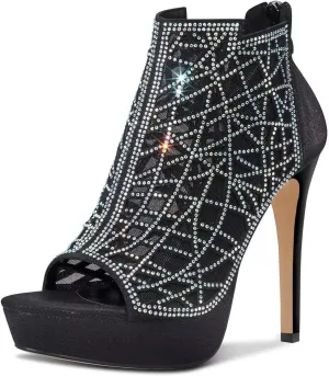 HDEUOLM Women Crystal Stiletto Platform Sandals Peep-Toe High Heels Roman Sandals With Zipper 5.1 Inch Heel