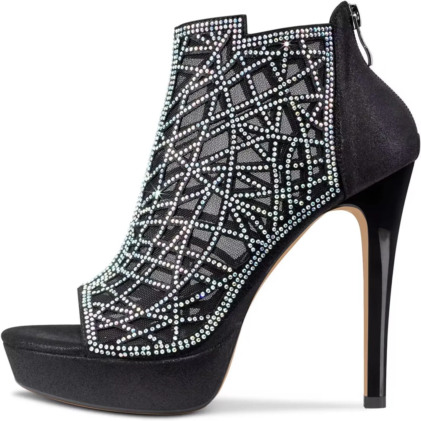 HDEUOLM Women Crystal Stiletto Platform Sandals Peep-Toe High Heels Roman Sandals With Zipper 5.1 Inch Heel