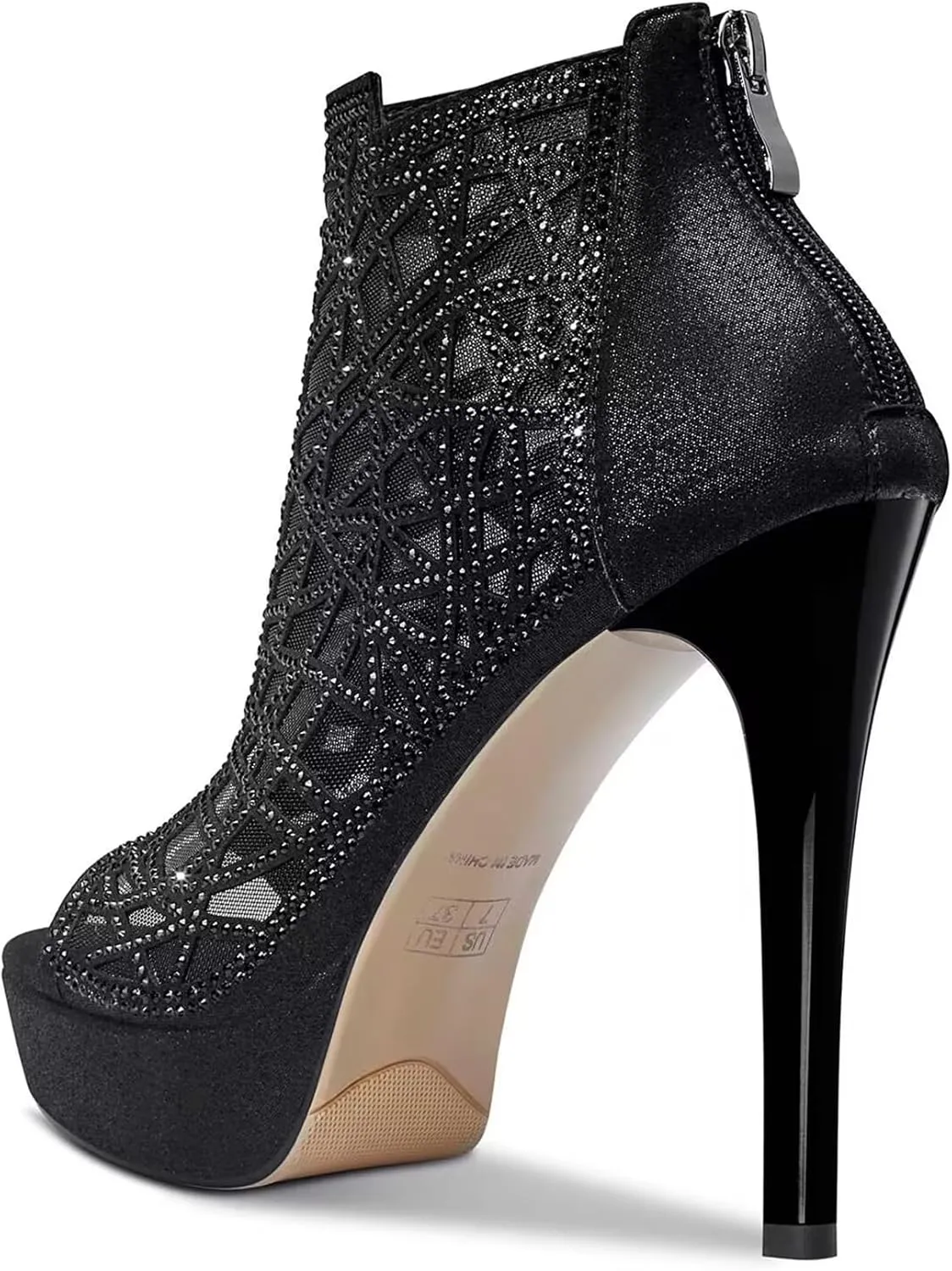 HDEUOLM Women Crystal Stiletto Platform Sandals Peep-Toe High Heels Roman Sandals With Zipper 5.1 Inch Heel