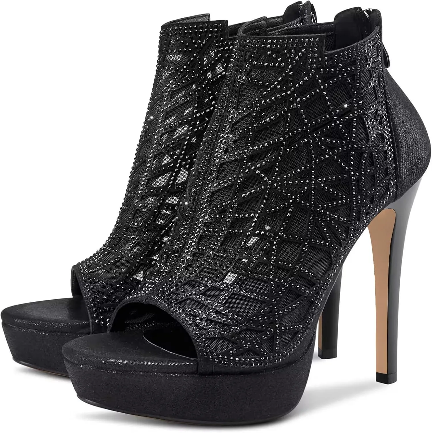 HDEUOLM Women Crystal Stiletto Platform Sandals Peep-Toe High Heels Roman Sandals With Zipper 5.1 Inch Heel