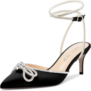 HDEUOLM Women Mid Heel Pointed Toe Pumps Ankle Strap Slingback Rhinestone Crystal Bow-Knot Party Dress 2.6 Inches Heels