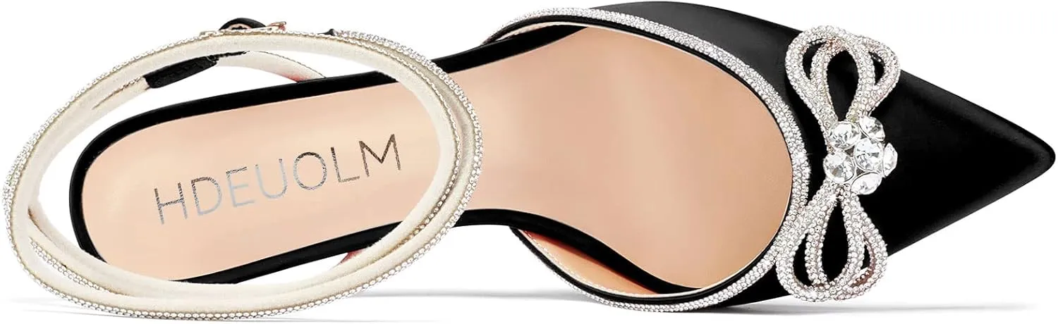 HDEUOLM Women Mid Heel Pointed Toe Pumps Ankle Strap Slingback Rhinestone Crystal Bow-Knot Party Dress 2.6 Inches Heels