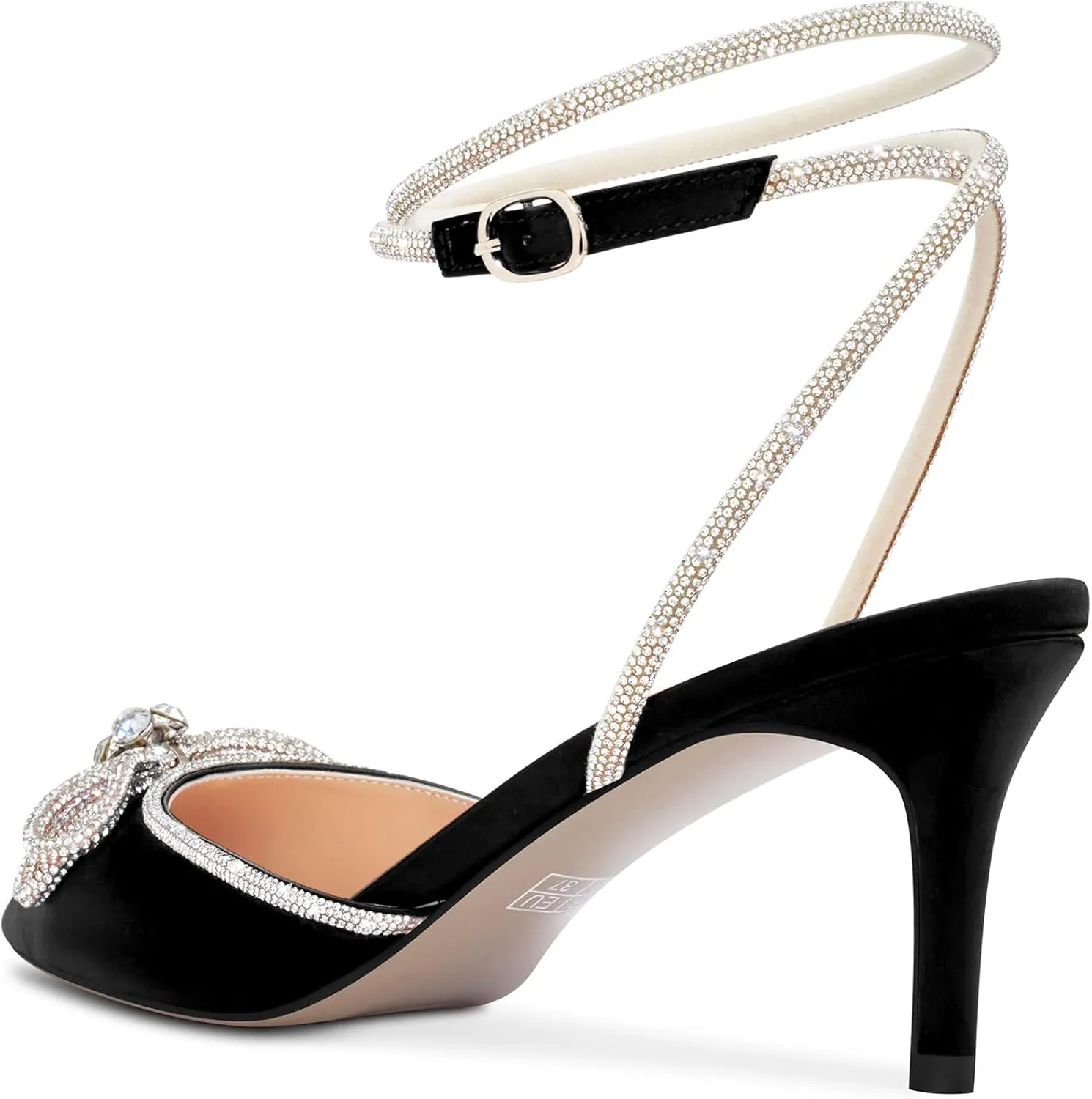 HDEUOLM Women Mid Heel Pointed Toe Pumps Ankle Strap Slingback Rhinestone Crystal Bow-Knot Party Dress 2.6 Inches Heels