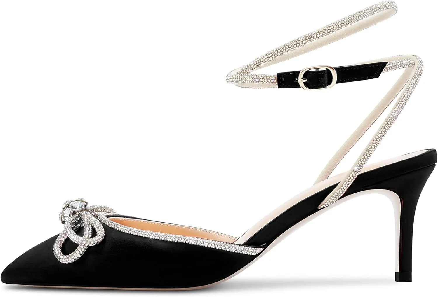 HDEUOLM Women Mid Heel Pointed Toe Pumps Ankle Strap Slingback Rhinestone Crystal Bow-Knot Party Dress 2.6 Inches Heels