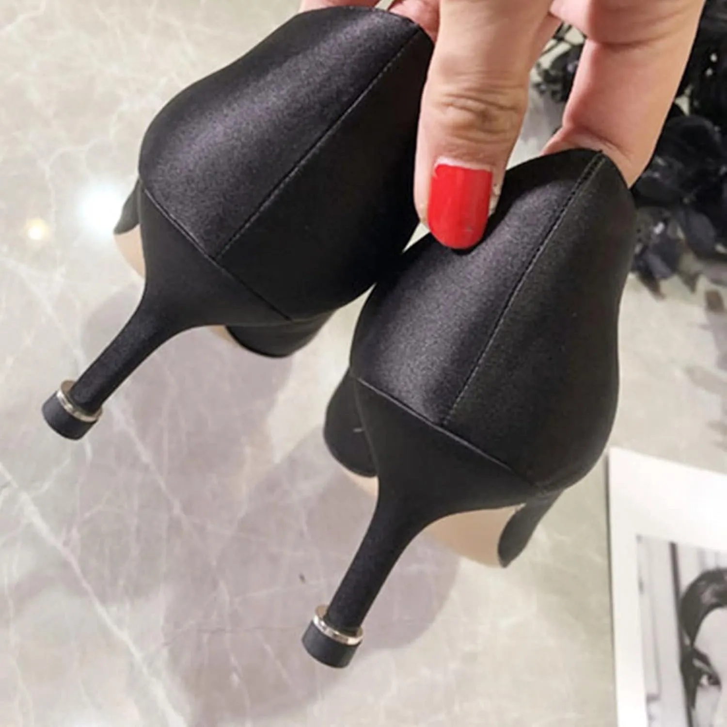 Heels for Women Black Silk Satin Rhinestone high Heels Women's high Heels Crystal Diamond Buckle Party Shoes Women's high Heels(6.5)