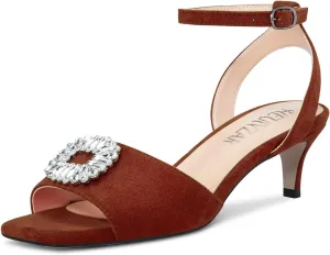 HEUIVZAR Mid Kitten Heel Peep Open Toe Pumps Ankle Strap Buckle Rhinestone Crystal Wedding Cute 2.0 Inches Heels