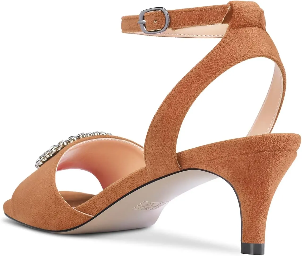 HEUIVZAR Mid Kitten Heel Peep Open Toe Pumps Ankle Strap Buckle Rhinestone Crystal Wedding Cute 2.0 Inches Heels