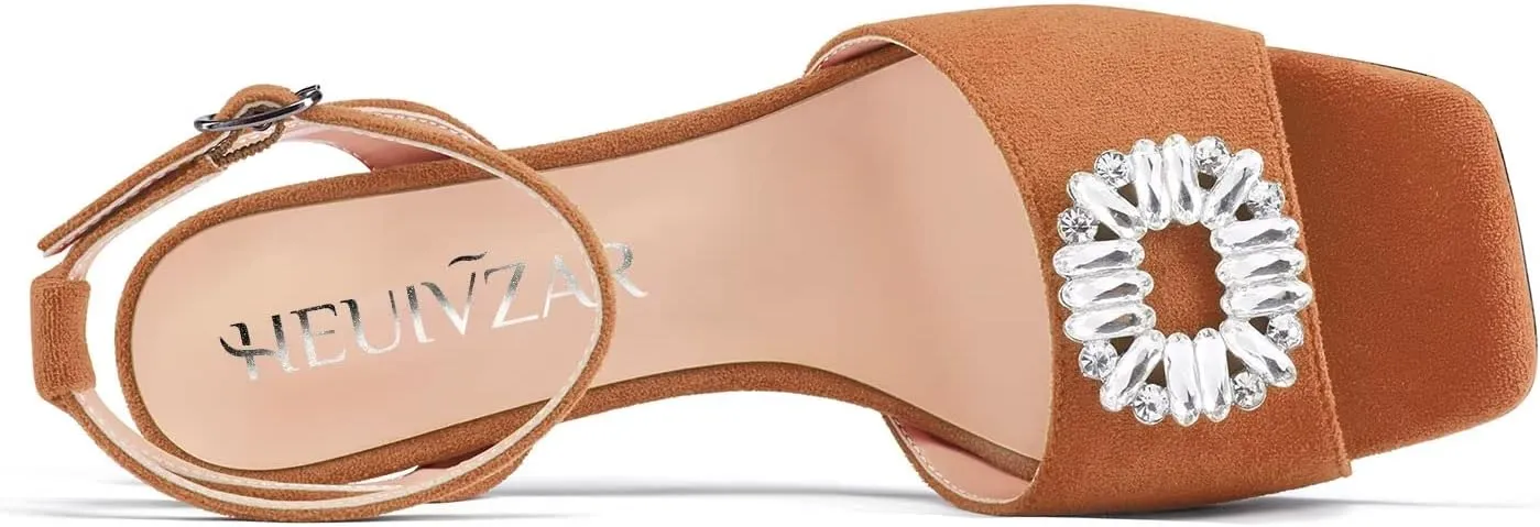 HEUIVZAR Mid Kitten Heel Peep Open Toe Pumps Ankle Strap Buckle Rhinestone Crystal Wedding Cute 2.0 Inches Heels