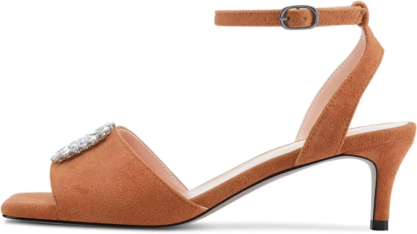 HEUIVZAR Mid Kitten Heel Peep Open Toe Pumps Ankle Strap Buckle Rhinestone Crystal Wedding Cute 2.0 Inches Heels