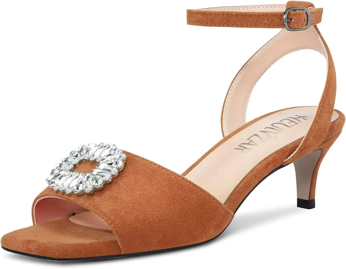 HEUIVZAR Mid Kitten Heel Peep Open Toe Pumps Ankle Strap Buckle Rhinestone Crystal Wedding Cute 2.0 Inches Heels