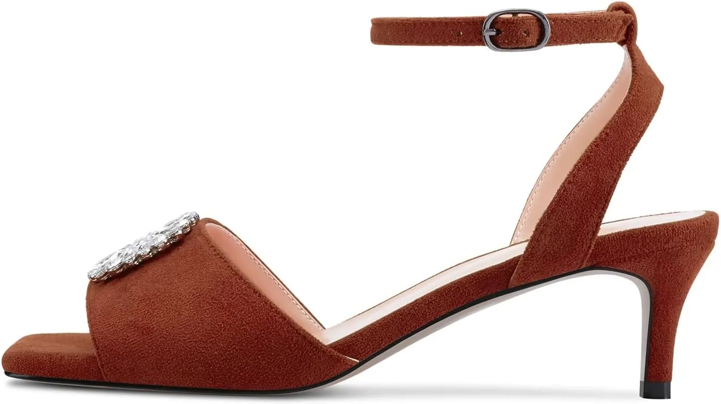 HEUIVZAR Mid Kitten Heel Peep Open Toe Pumps Ankle Strap Buckle Rhinestone Crystal Wedding Cute 2.0 Inches Heels