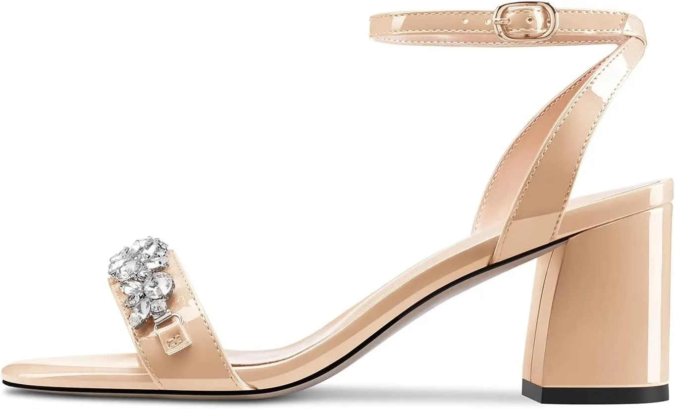HEUIVZAR Women Chunky Block Mid Heel Peep Open Toe Sandals Ankle Strap Rhinestone Crystal Prom Dress 2.6 Inches Heels