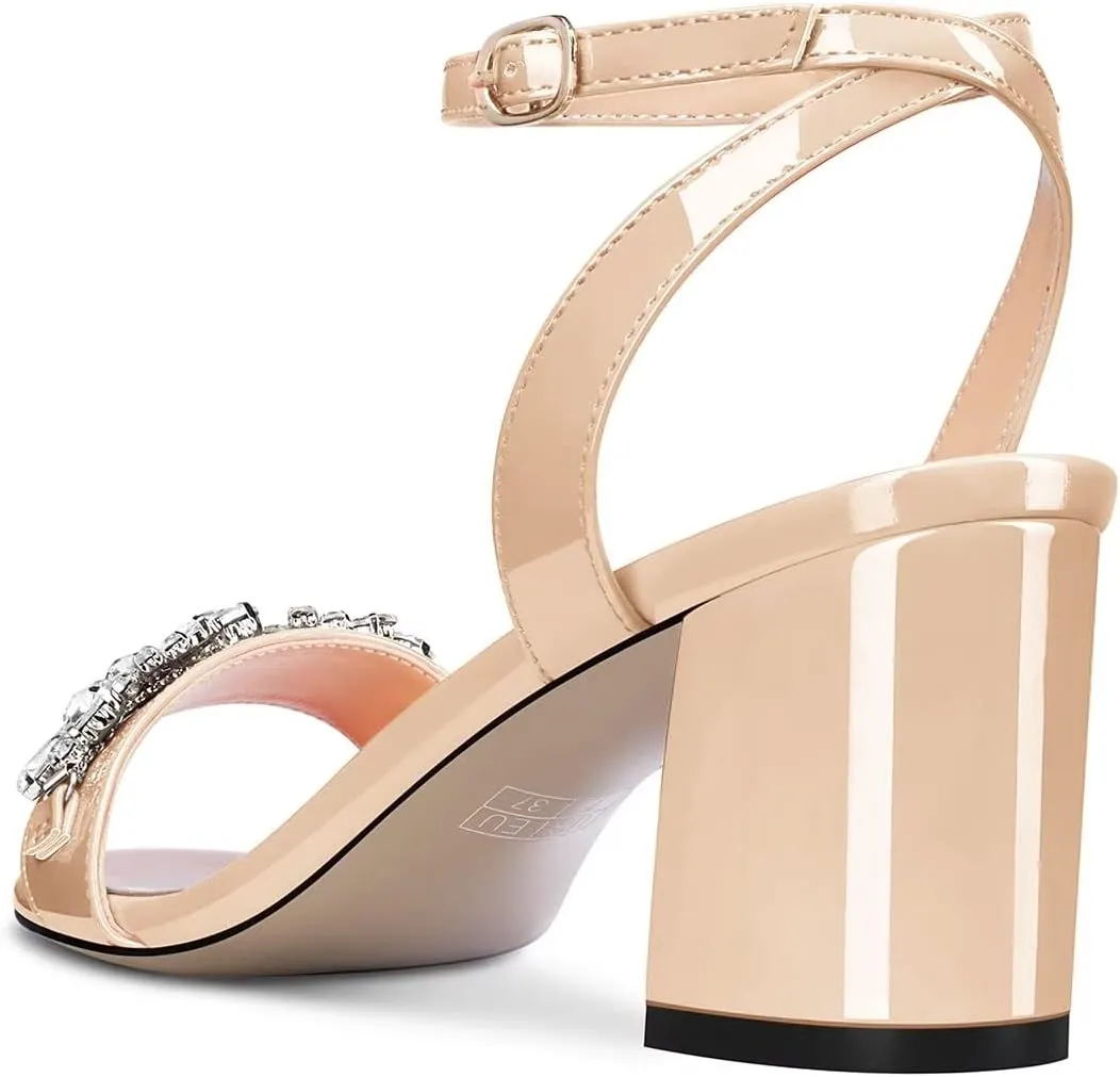 HEUIVZAR Women Chunky Block Mid Heel Peep Open Toe Sandals Ankle Strap Rhinestone Crystal Prom Dress 2.6 Inches Heels
