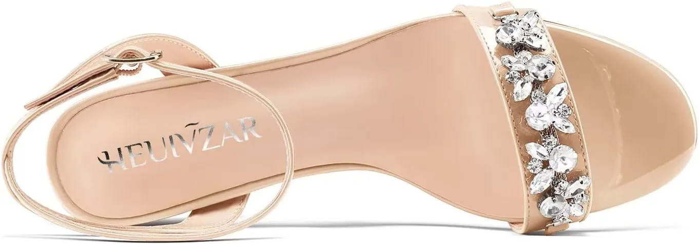 HEUIVZAR Women Chunky Block Mid Heel Peep Open Toe Sandals Ankle Strap Rhinestone Crystal Prom Dress 2.6 Inches Heels