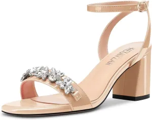 HEUIVZAR Women Chunky Block Mid Heel Peep Open Toe Sandals Ankle Strap Rhinestone Crystal Prom Dress 2.6 Inches Heels