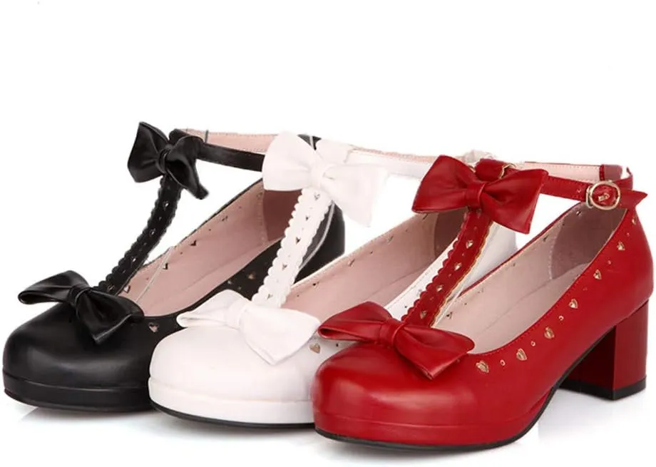 HILIB Woman's Low Heel Vintage Lolita Shoes Cute Bowknot Mary Jane Shoes
