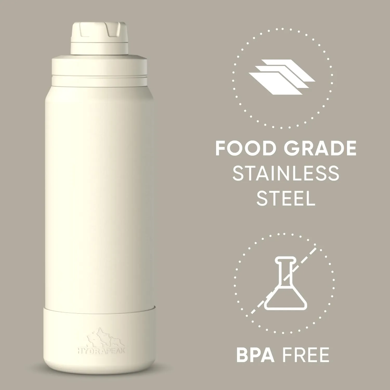 Hydrapeak 26oz Sport Insulated Water Bottle with Chug Lid, Leak & Spill Proof, Keeps Drinks Cold for 24 Hours, Hot for 12 Hours, Premium Stainless Steel Water Bottles (26oz, Ivory)