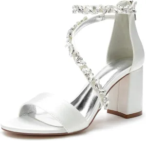 Hyinlays Women's Crystal Block Heels Wedding Shoes for Bride High Heel Formal Party Pumps Shoes for Prom Party