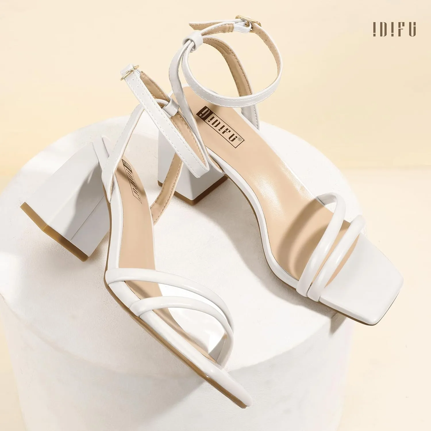 IDIFU IN3 Women's Strappy Heels Chunky Block Square Open Toe Adjustable Ankle Strap Heeled Sandals Slingback Thick Low Wedding Prom Bridal Dress Shoes for Women Short Heels