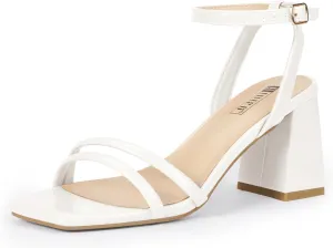 IDIFU IN3 Women's Strappy Heels Chunky Block Square Open Toe Adjustable Ankle Strap Heeled Sandals Slingback Thick Low Wedding Prom Bridal Dress Shoes for Women Short Heels