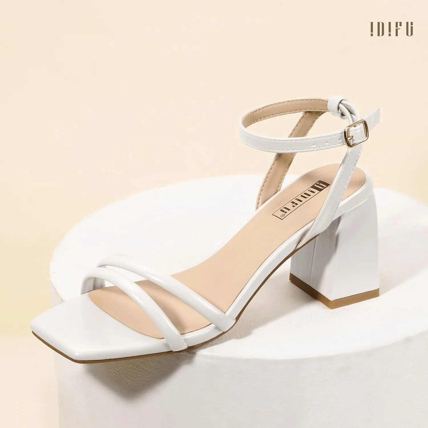 IDIFU IN3 Women's Strappy Heels Chunky Block Square Open Toe Adjustable Ankle Strap Heeled Sandals Slingback Thick Low Wedding Prom Bridal Dress Shoes for Women Short Heels