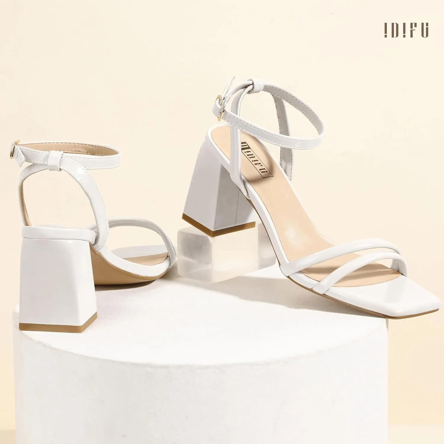 IDIFU IN3 Women's Strappy Heels Chunky Block Square Open Toe Adjustable Ankle Strap Heeled Sandals Slingback Thick Low Wedding Prom Bridal Dress Shoes for Women Short Heels