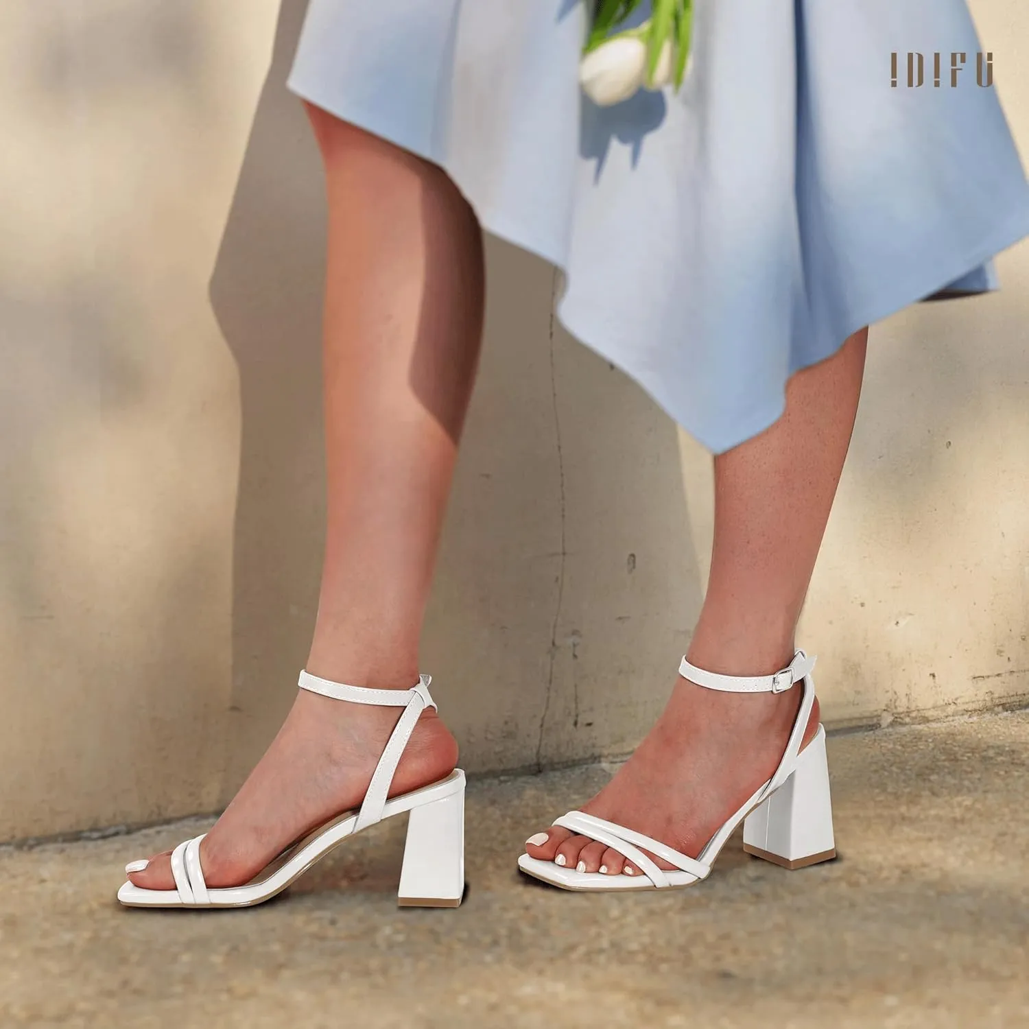 IDIFU IN3 Women's Strappy Heels Chunky Block Square Open Toe Adjustable Ankle Strap Heeled Sandals Slingback Thick Low Wedding Prom Bridal Dress Shoes for Women Short Heels