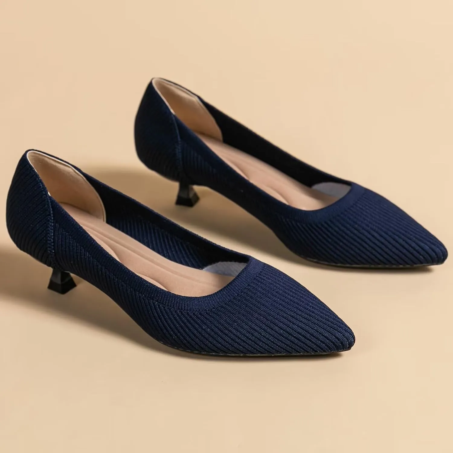 INEELUYI Women's Kitten Heel Pumps Vintage Low Heel Knit Pumps Pointed Toe Wedding Dress Pumps Shoes