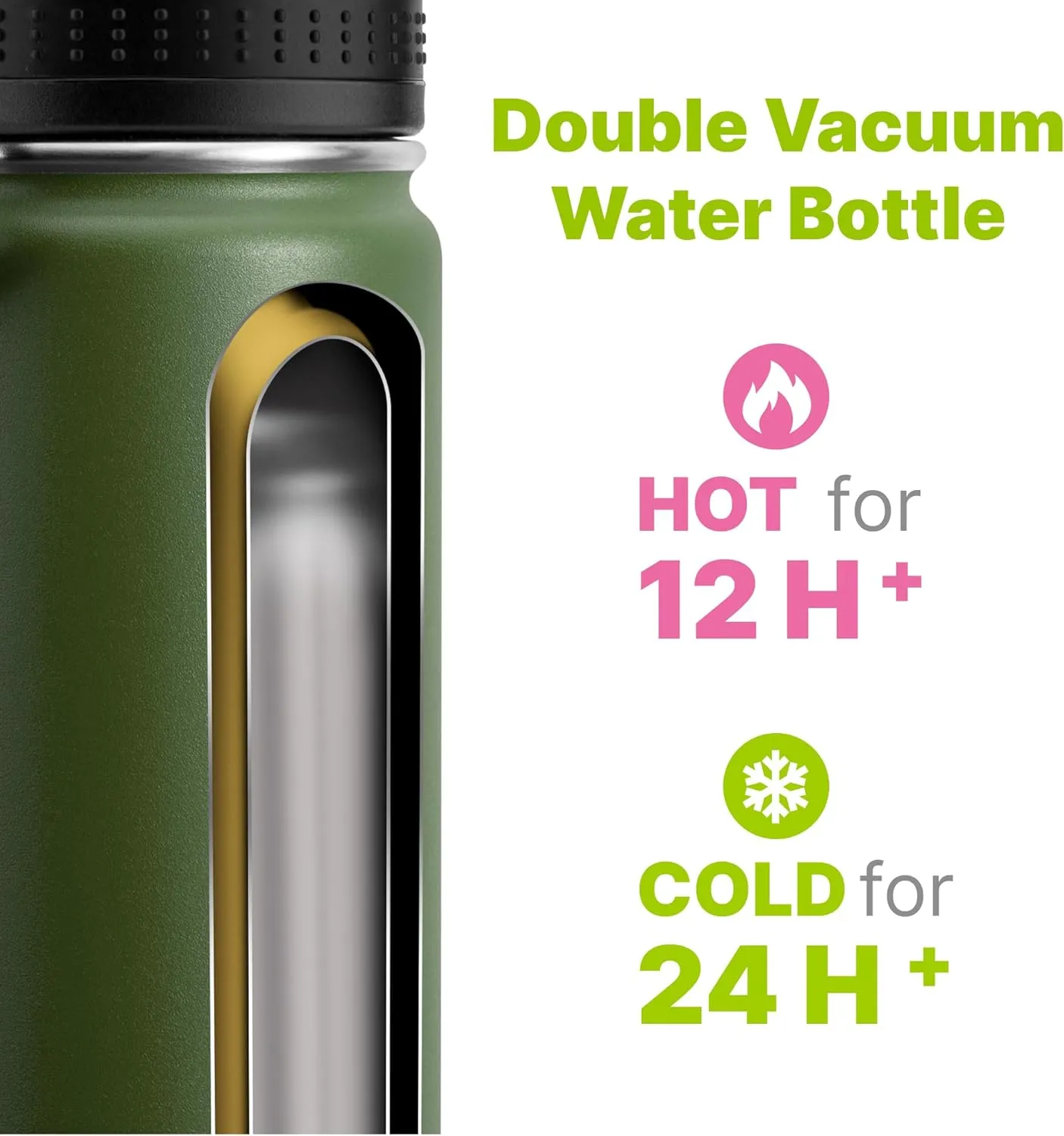 Insulated Water Bottle-22 oz Stainless Steel Vacuum Wide Mouth Sports Water Bottle with Silicone Boot-Reusable Metal Leak Proof Travel Water Flask for Boys (Grass Green)