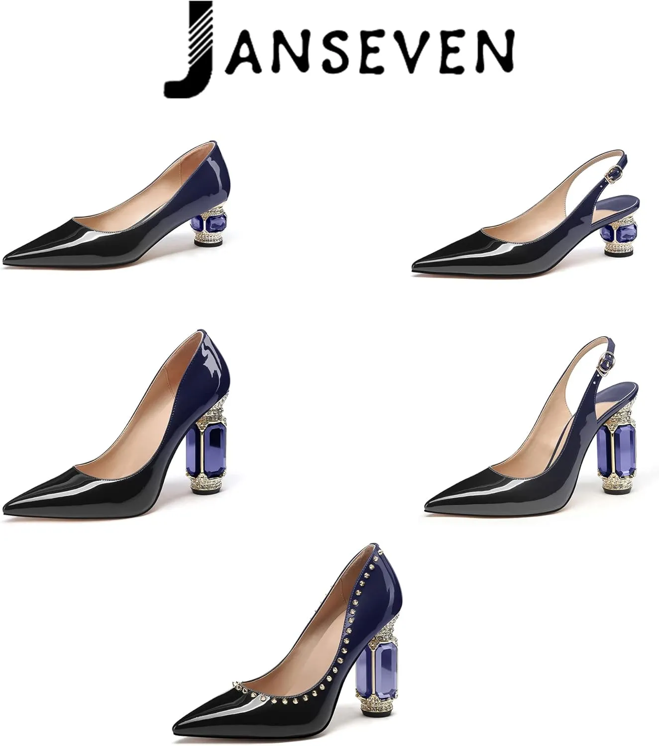 JANSEVEN Women Chunky Heels Pumps Crystal Block Heels with Rhinestones Pointed Toe Sexy Gradient Patent Leather Slip on Bridal Party Wedding Dress Shoes 5-13 M US
