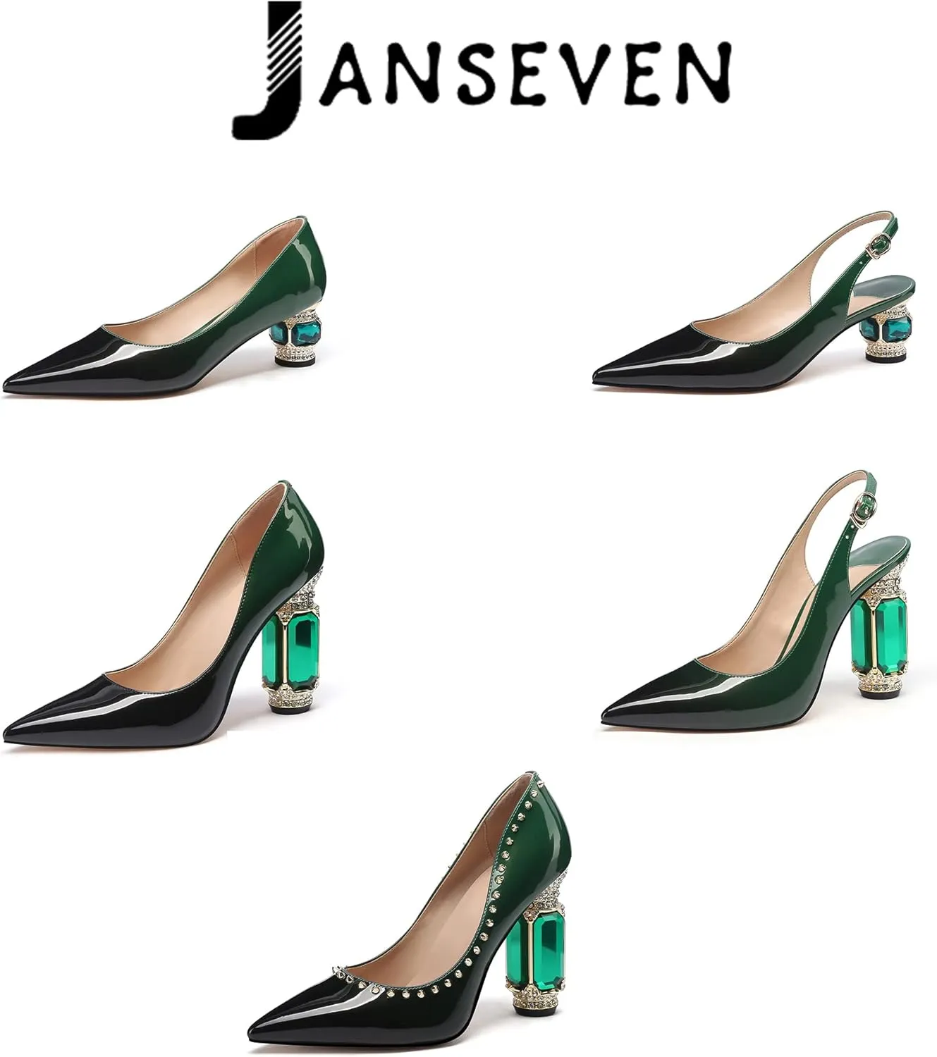 JANSEVEN Women Chunky Heels Pumps Crystal Block Heels with Rhinestones Pointed Toe Sexy Gradient Patent Leather Slip on Bridal Party Wedding Dress Shoes 5-13 M US