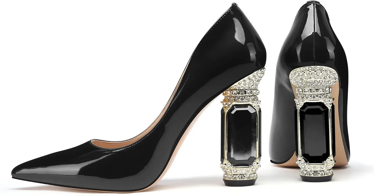JANSEVEN Women Chunky Heels Pumps Crystal Block Heels with Rhinestones Pointed Toe Sexy Gradient Patent Leather Slip on Bridal Party Wedding Dress Shoes 5-13 M US