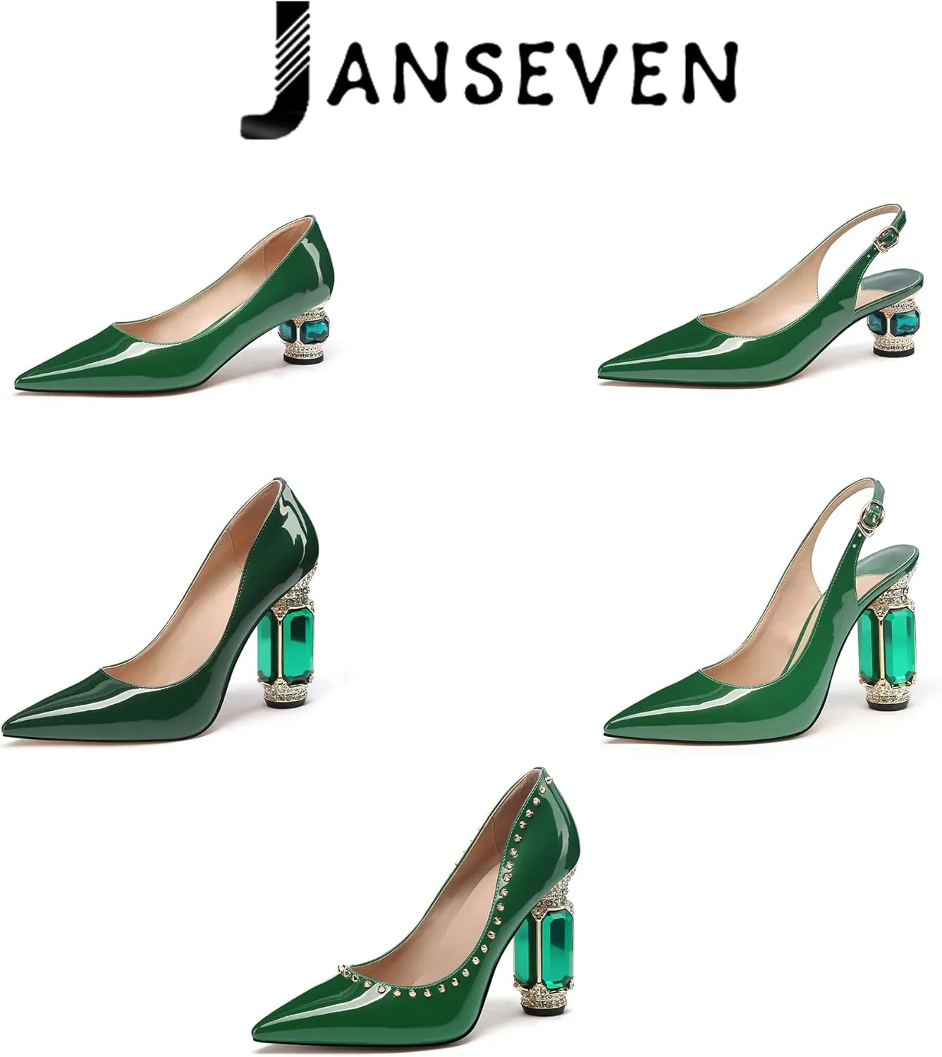 JANSEVEN Women Chunky Heels Pumps Crystal Block Heels with Rhinestones Pointed Toe Sexy Gradient Patent Leather Slip on Bridal Party Wedding Dress Shoes 5-13 M US