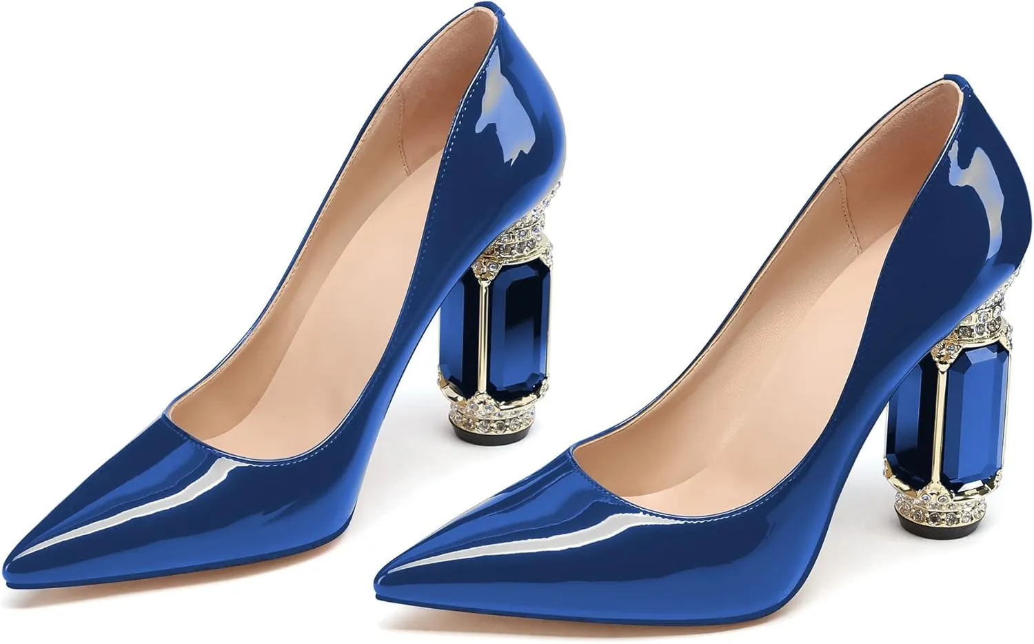 JANSEVEN Women Chunky Heels Pumps Crystal Block Heels with Rhinestones Pointed Toe Sexy Gradient Patent Leather Slip on Bridal Party Wedding Dress Shoes 5-13 M US