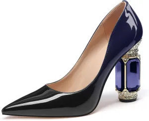 JANSEVEN Women Chunky Heels Pumps Crystal Block Heels with Rhinestones Pointed Toe Sexy Gradient Patent Leather Slip on Bridal Party Wedding Dress Shoes 5-13 M US