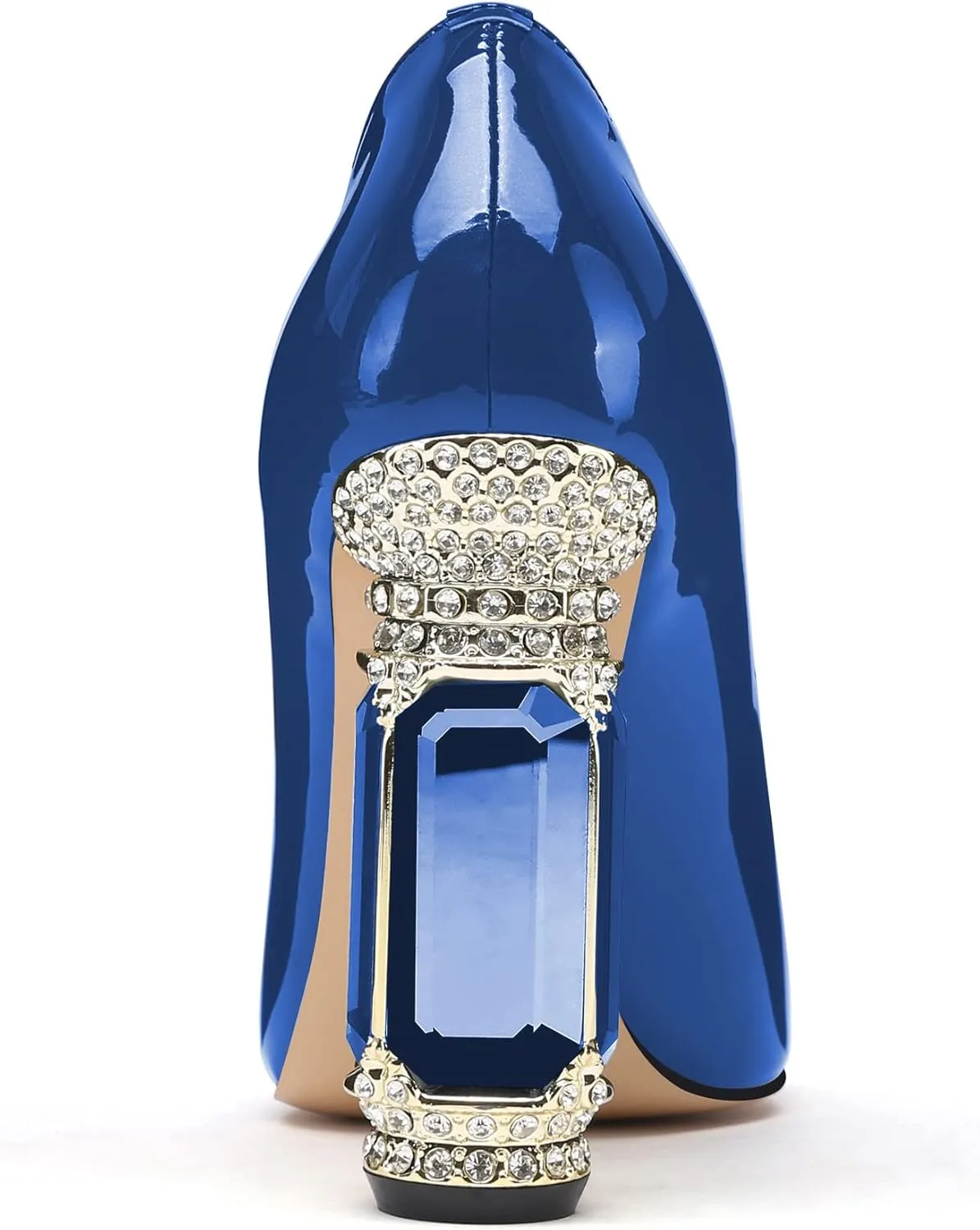 JANSEVEN Women Chunky Heels Pumps Crystal Block Heels with Rhinestones Pointed Toe Sexy Gradient Patent Leather Slip on Bridal Party Wedding Dress Shoes 5-13 M US