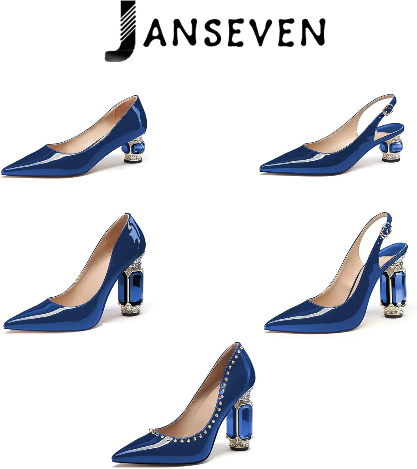JANSEVEN Women Chunky Heels Pumps Crystal Block Heels with Rhinestones Pointed Toe Sexy Gradient Patent Leather Slip on Bridal Party Wedding Dress Shoes 5-13 M US