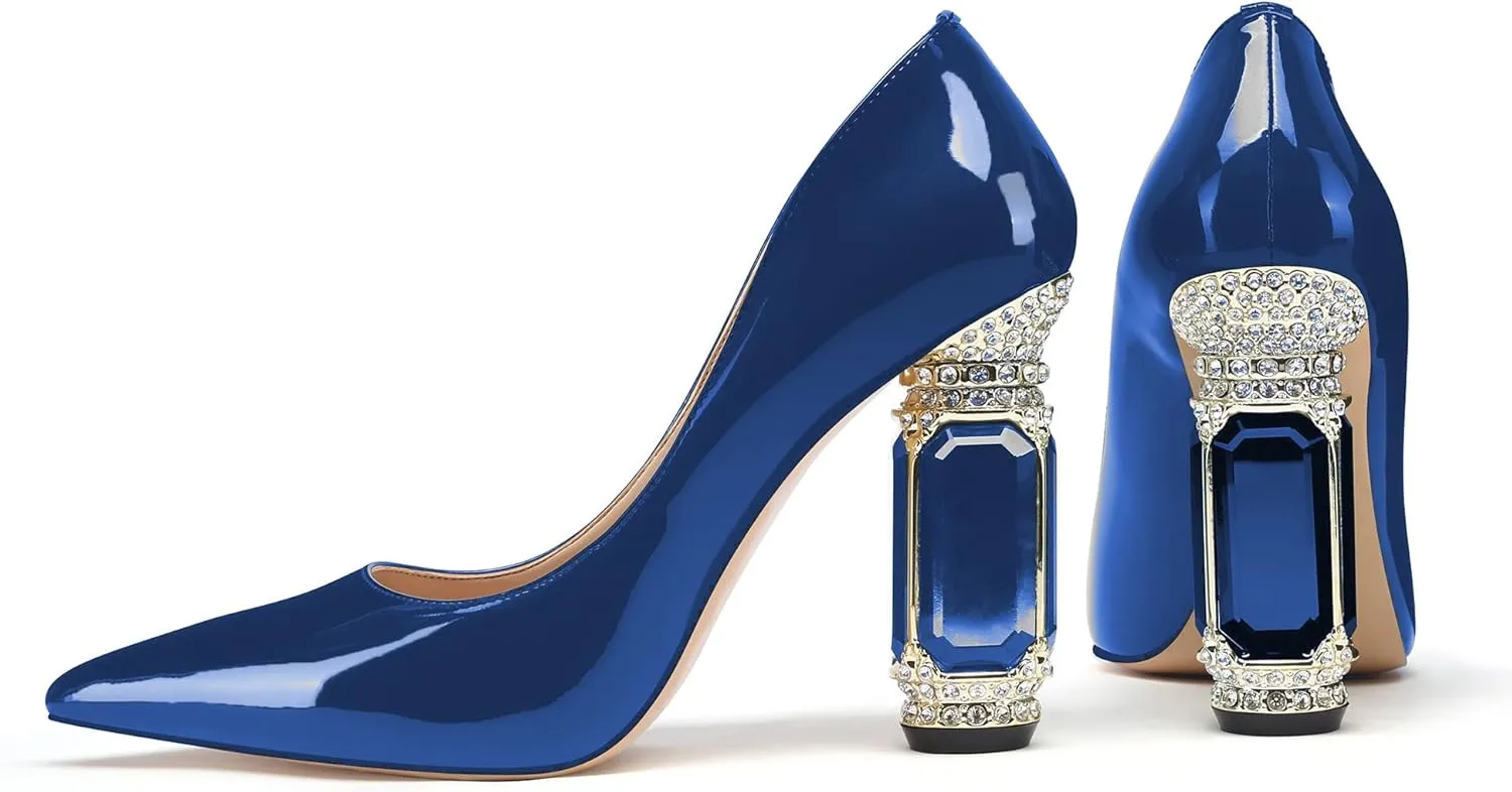 JANSEVEN Women Chunky Heels Pumps Crystal Block Heels with Rhinestones Pointed Toe Sexy Gradient Patent Leather Slip on Bridal Party Wedding Dress Shoes 5-13 M US