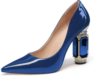 JANSEVEN Women Chunky Heels Pumps Crystal Block Heels with Rhinestones Pointed Toe Sexy Gradient Patent Leather Slip on Bridal Party Wedding Dress Shoes 5-13 M US