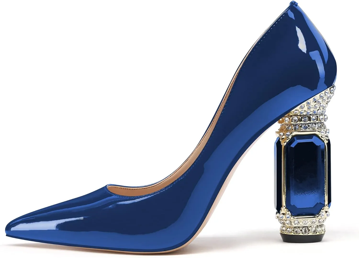 JANSEVEN Women Chunky Heels Pumps Crystal Block Heels with Rhinestones Pointed Toe Sexy Gradient Patent Leather Slip on Bridal Party Wedding Dress Shoes 5-13 M US