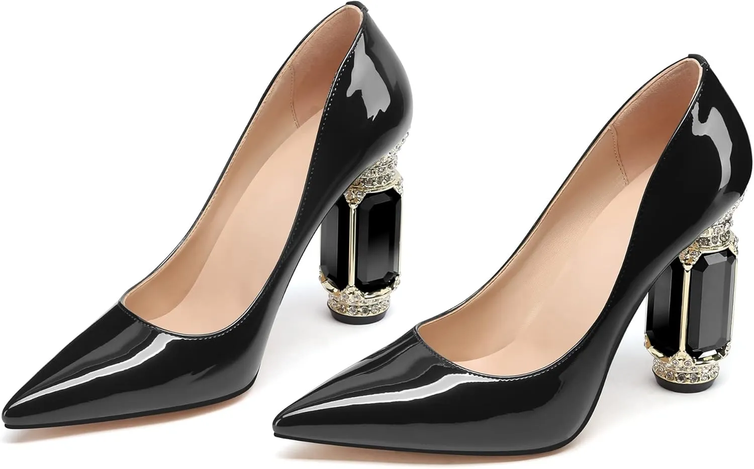 JANSEVEN Women Chunky Heels Pumps Crystal Block Heels with Rhinestones Pointed Toe Sexy Gradient Patent Leather Slip on Bridal Party Wedding Dress Shoes 5-13 M US